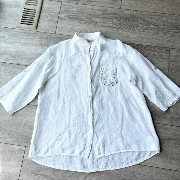Elissia Pure Linen Studded Accent  White Button Down Shirt Blouse Made in Italy - Picture 4 of 16